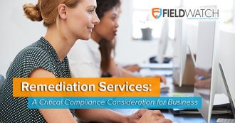 Image of female compliance professional examining laptop screen promoting FieldWatch feature article on the importance of remediation.