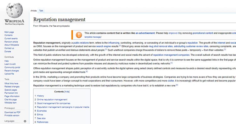 Wikipedia entry on Reputation Management